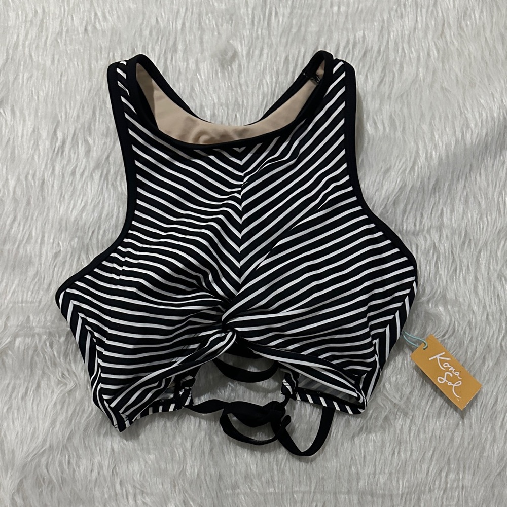 Kona Sol Black and White Striped Bikini Top